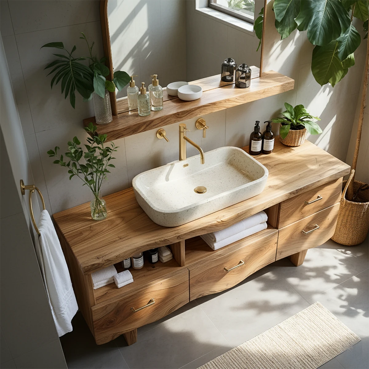 Curved Solid Wood Vanity with Legs – Japandi Spa Bathroom Console - Rustira