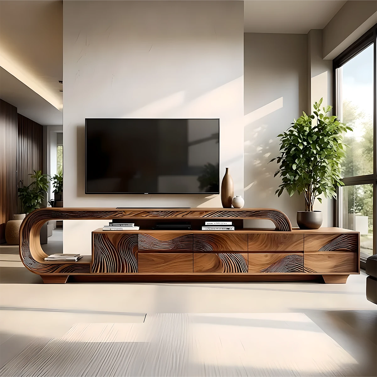 Curved Walnut Wave Carved Media Console - Modern Art TV Stand - Rustira