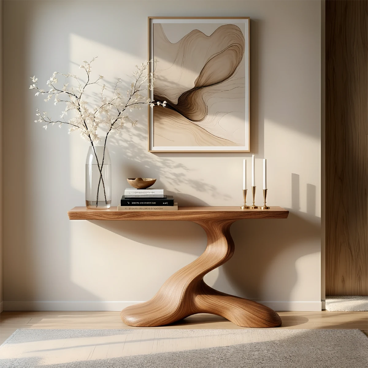 Dark Sculptural Solid Wood Console — Organic Japandi Entry Table - Rustira