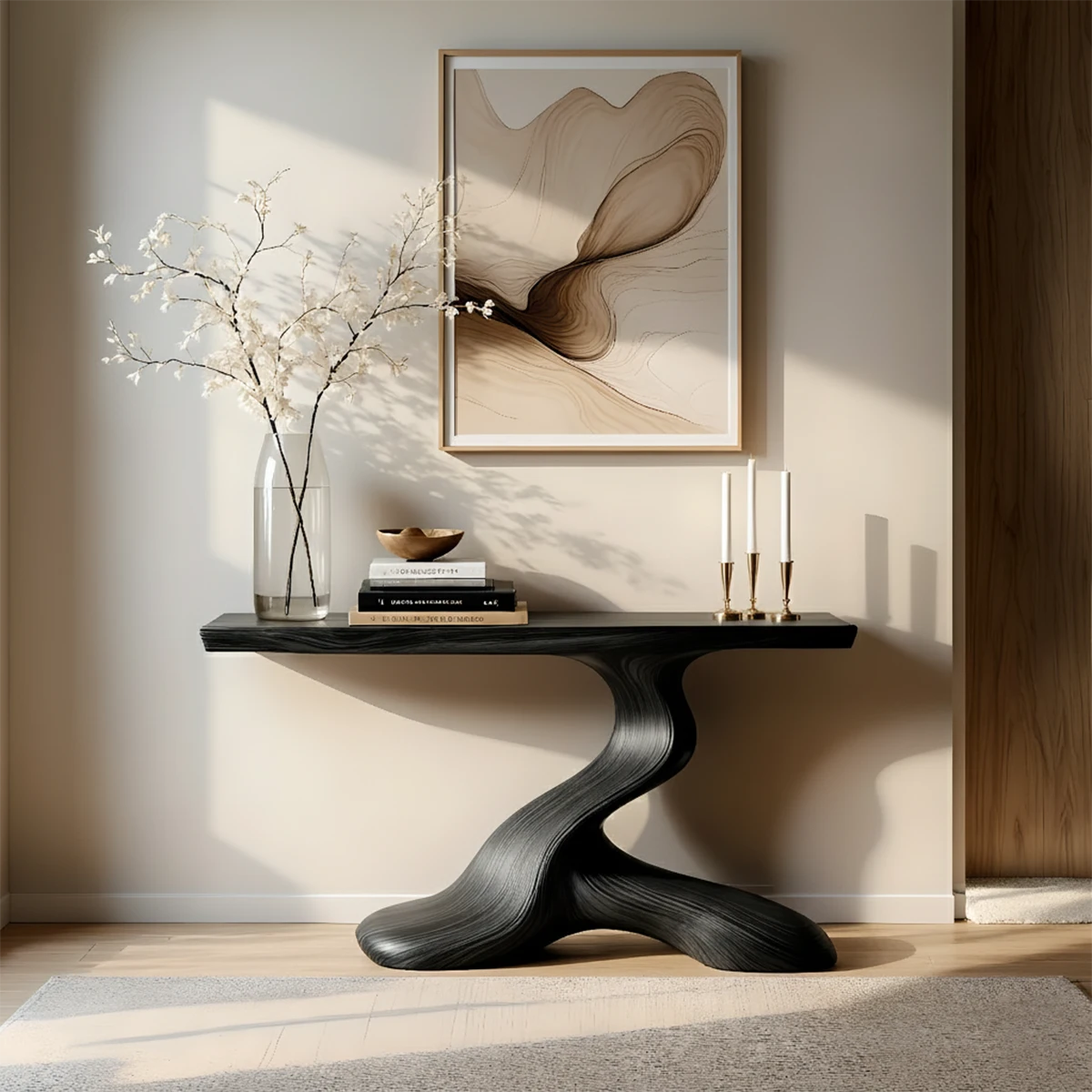 Dark Sculptural Solid Wood Console — Organic Japandi Entry Table - Rustira