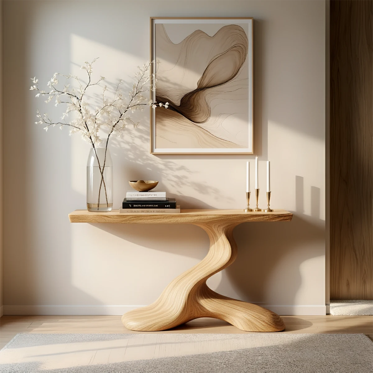 Dark Sculptural Solid Wood Console — Organic Japandi Entry Table - Rustira