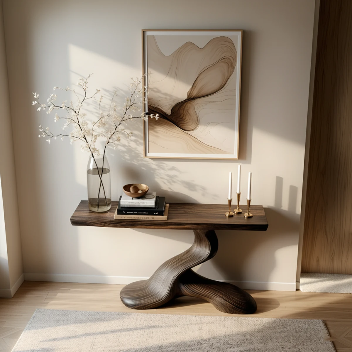 Dark Sculptural Solid Wood Console — Organic Japandi Entry Table - Rustira