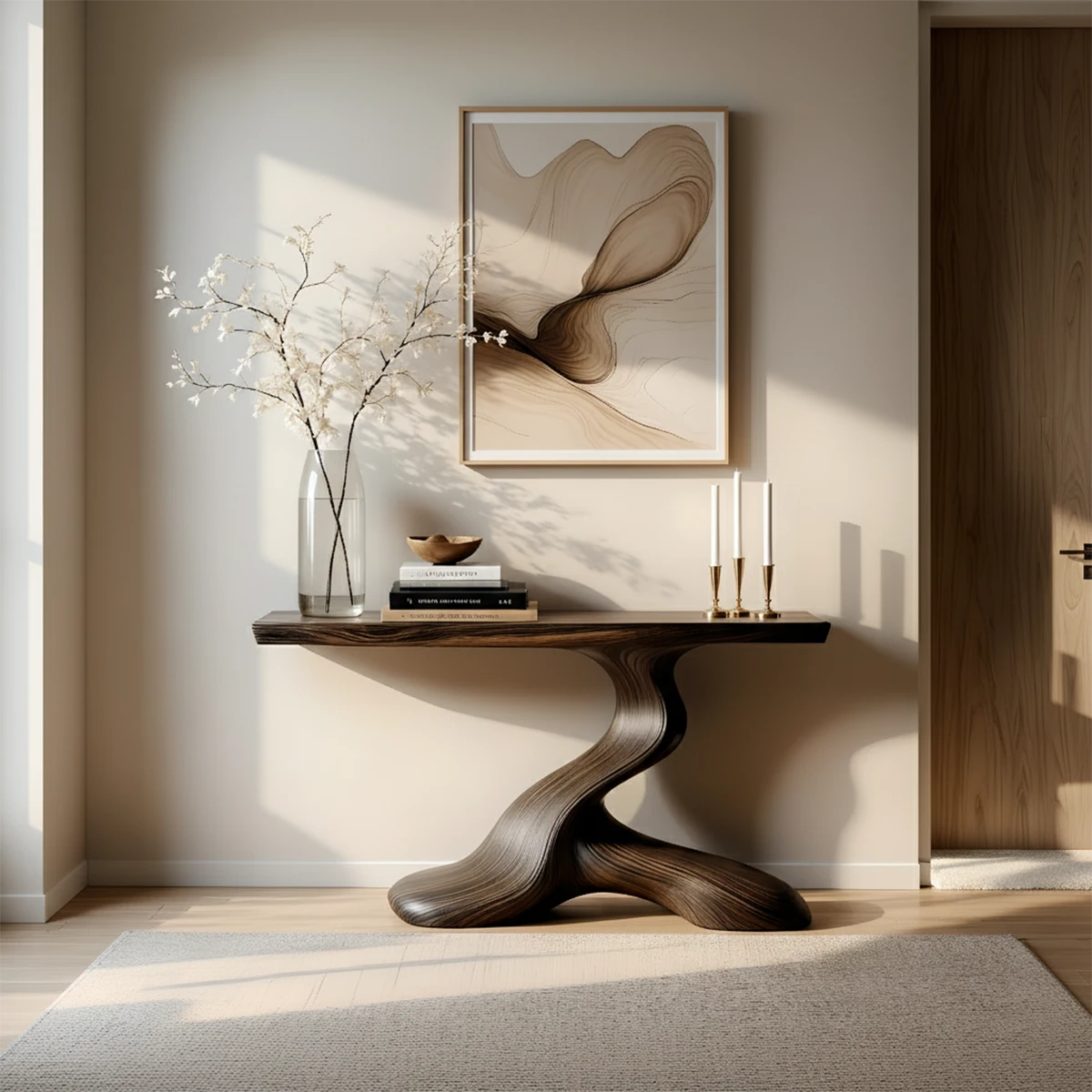 Dark Sculptural Solid Wood Console — Organic Japandi Entry Table - Rustira