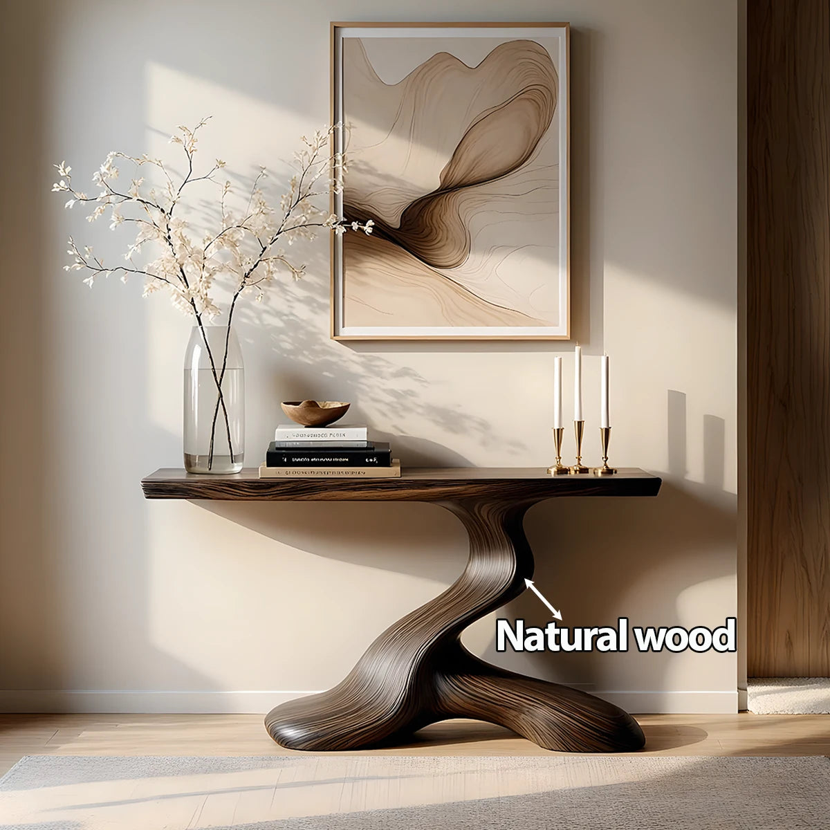 Dark Sculptural Solid Wood Console — Organic Japandi Entry Table - Rustira