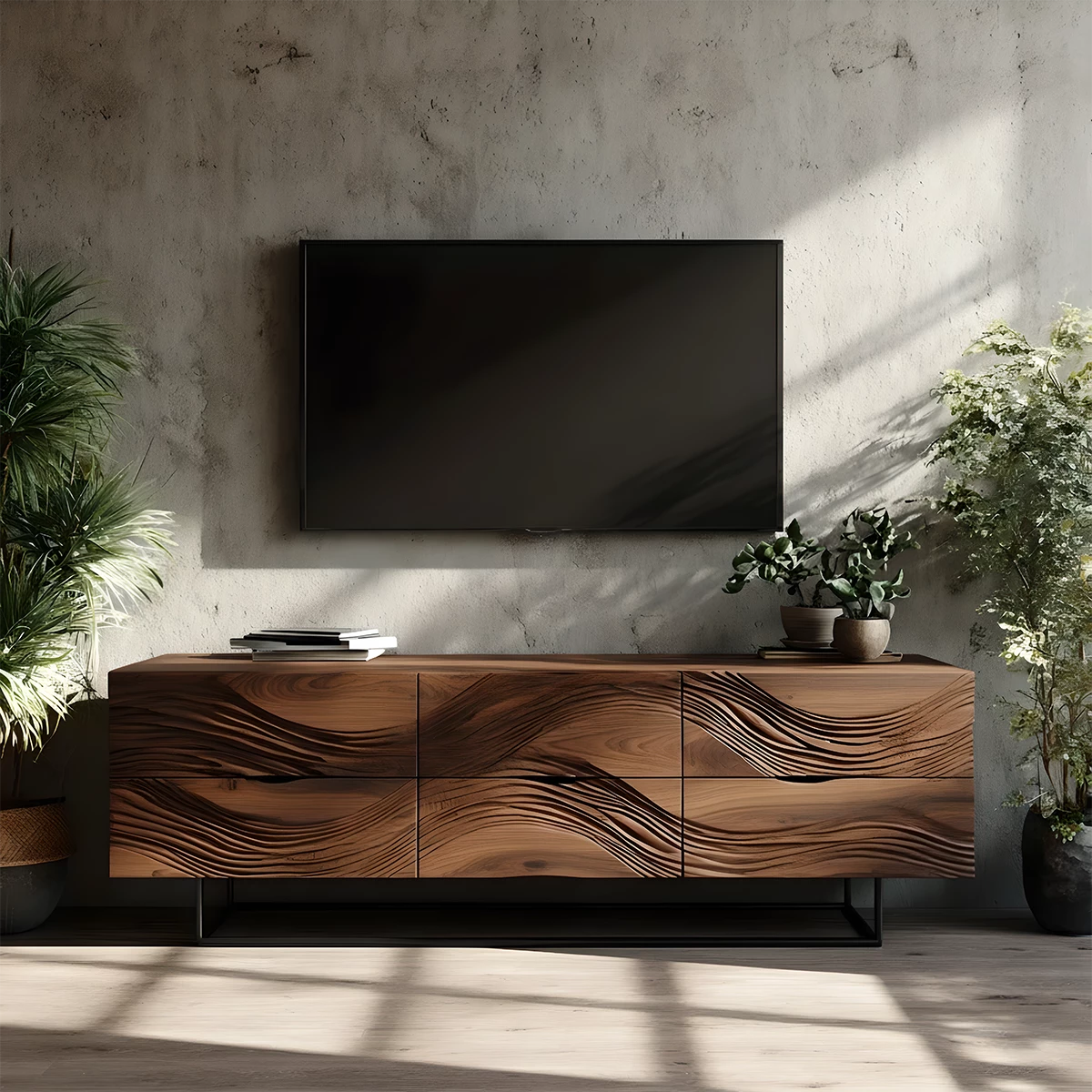 Dark Walnut Sculpted TV Stand – Modern Organic Wave Media Console - Rustira