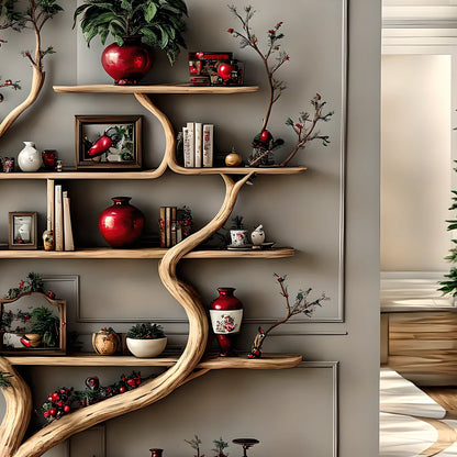 Decorative shelf in natural tree shape, solid wood, living room decoration 