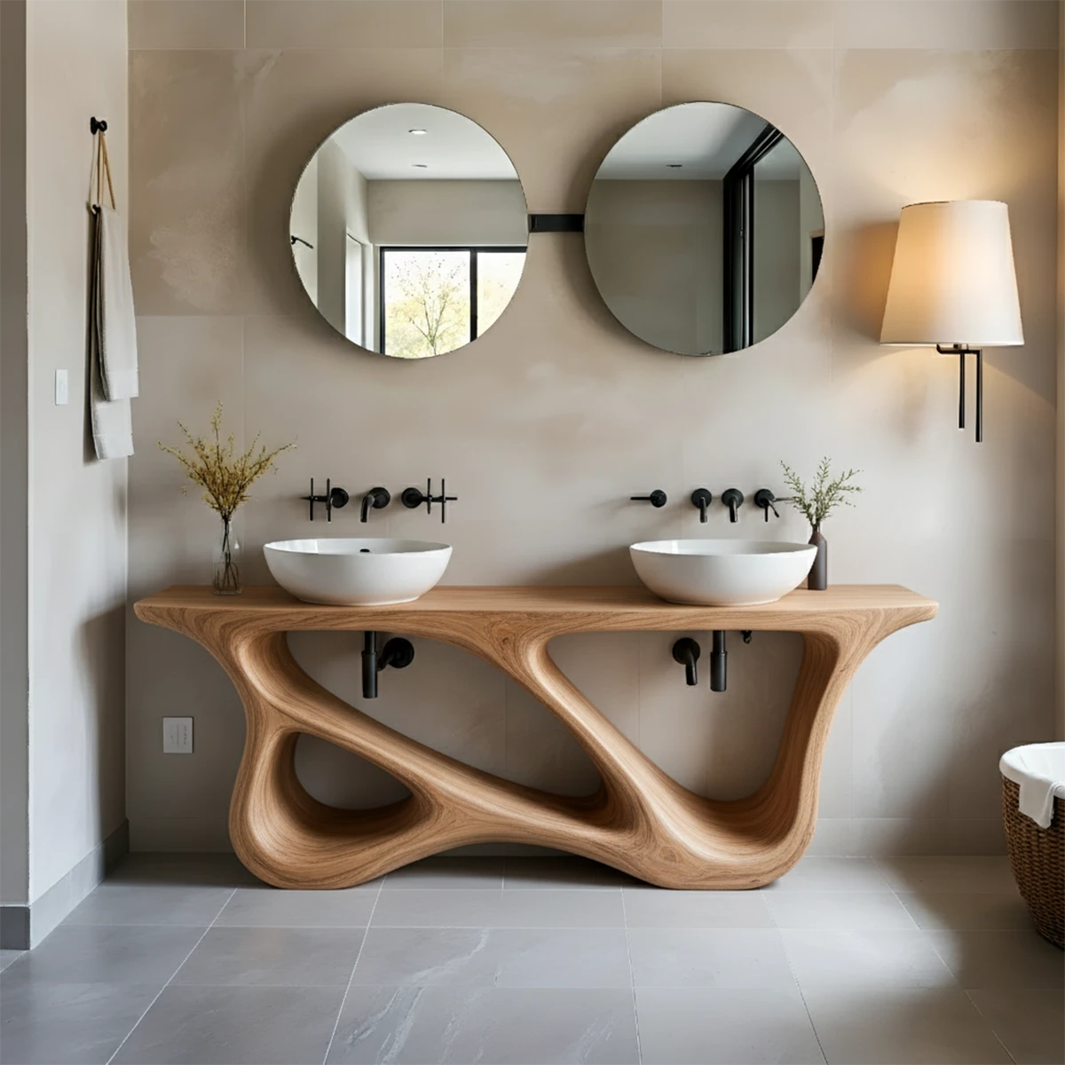 Double Sink Solid Walnut Vanity with Sculptural Flow Design - Rustira