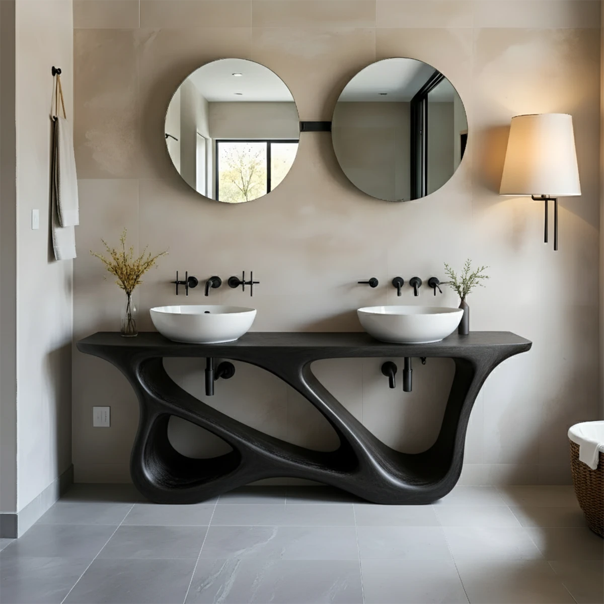 Double Sink Solid Walnut Vanity with Sculptural Flow Design - Rustira