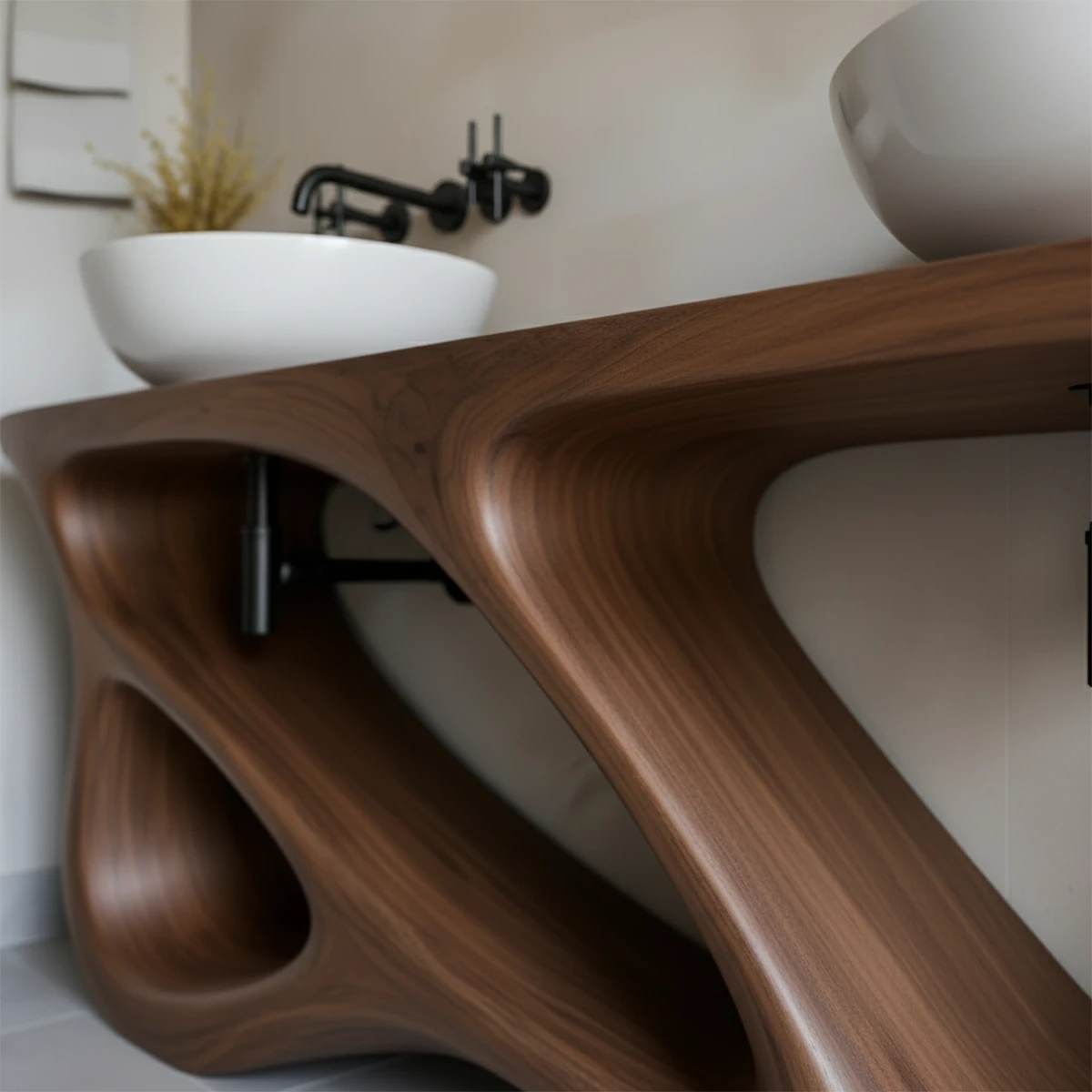 Double Sink Solid Walnut Vanity with Sculptural Flow Design - Rustira