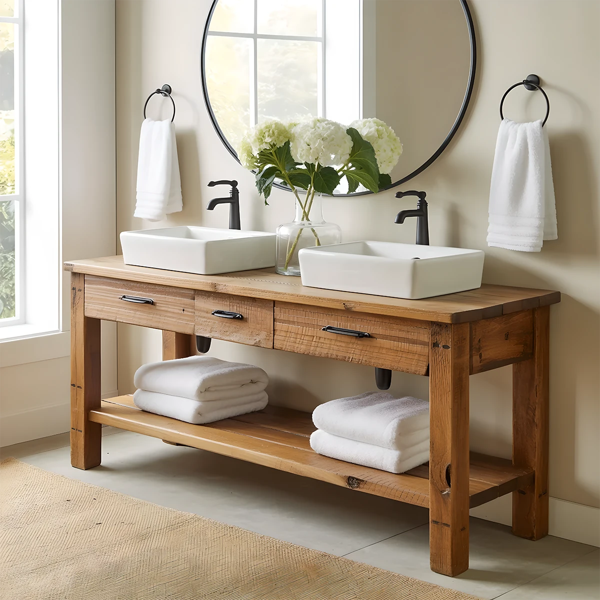 Double Sink Solid Wood Bathroom Vanity – Rustic Farmhouse Handcrafted Cabinet - Rustira
