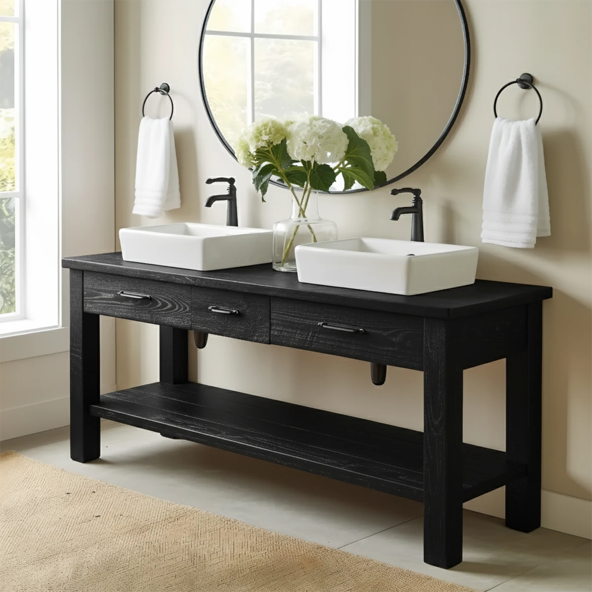 Double Sink Solid Wood Bathroom Vanity – Rustic Farmhouse Handcrafted Cabinet - Rustira