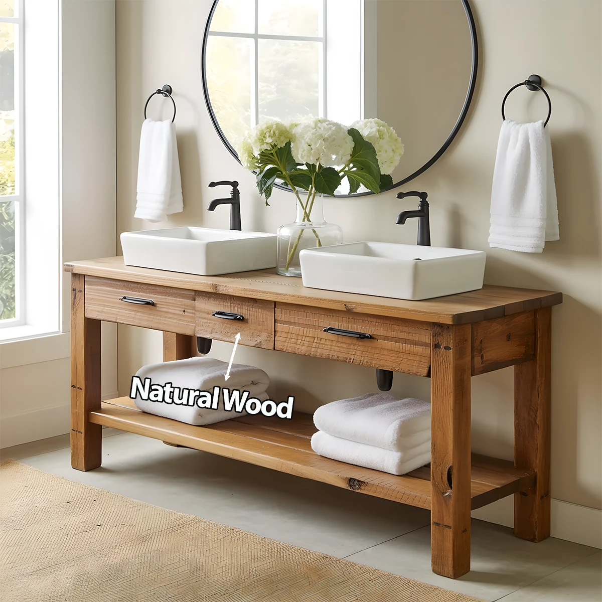 Double Sink Solid Wood Bathroom Vanity – Rustic Farmhouse Handcrafted Cabinet - Rustira