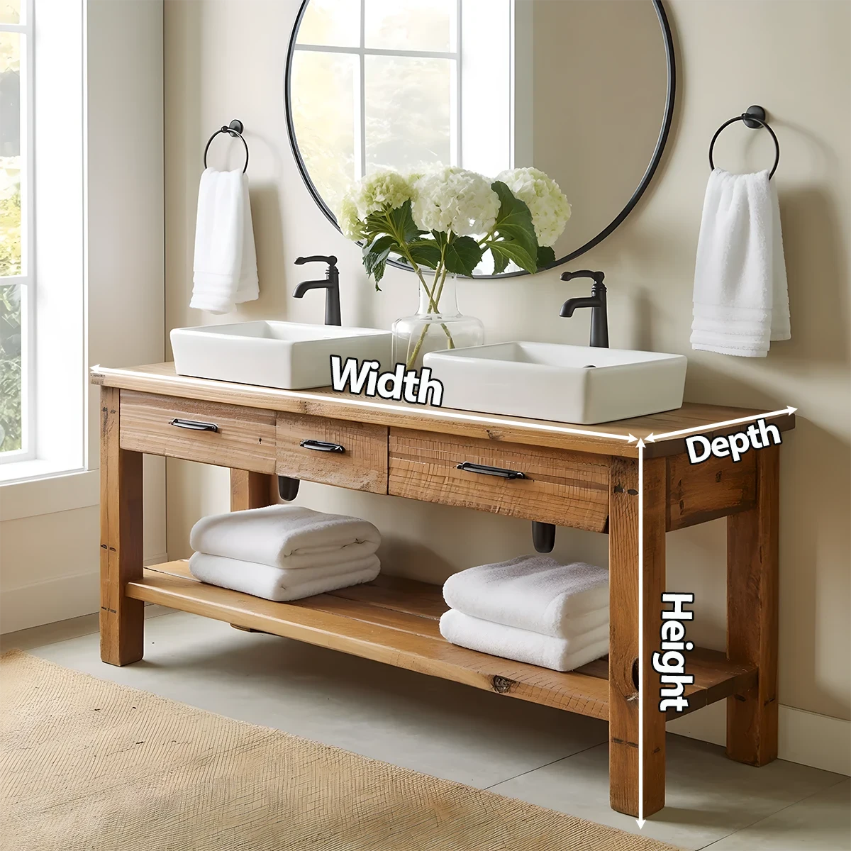 Double Sink Solid Wood Bathroom Vanity – Rustic Farmhouse Handcrafted Cabinet - Rustira