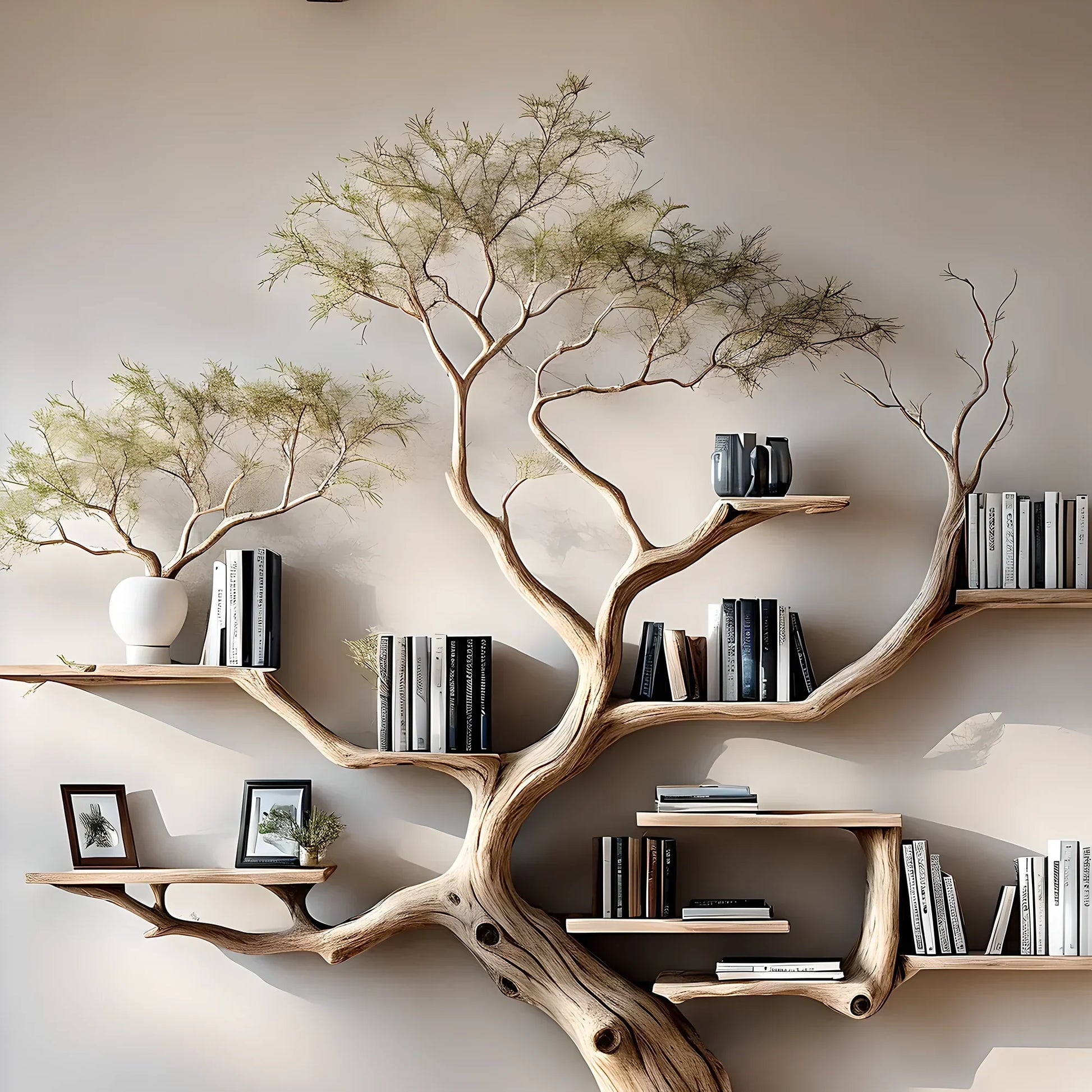Driftwood bookshelf decorates home wall 