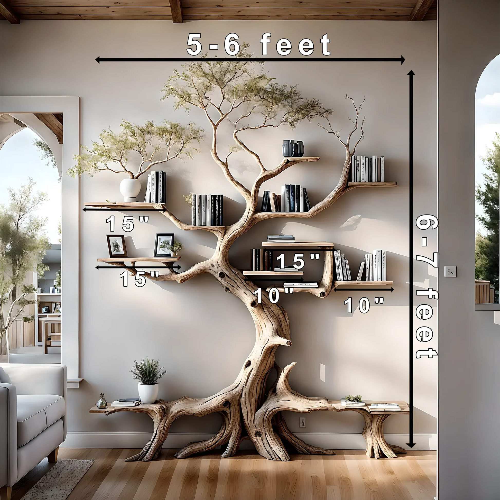 Driftwood bookshelf decorates home wall 