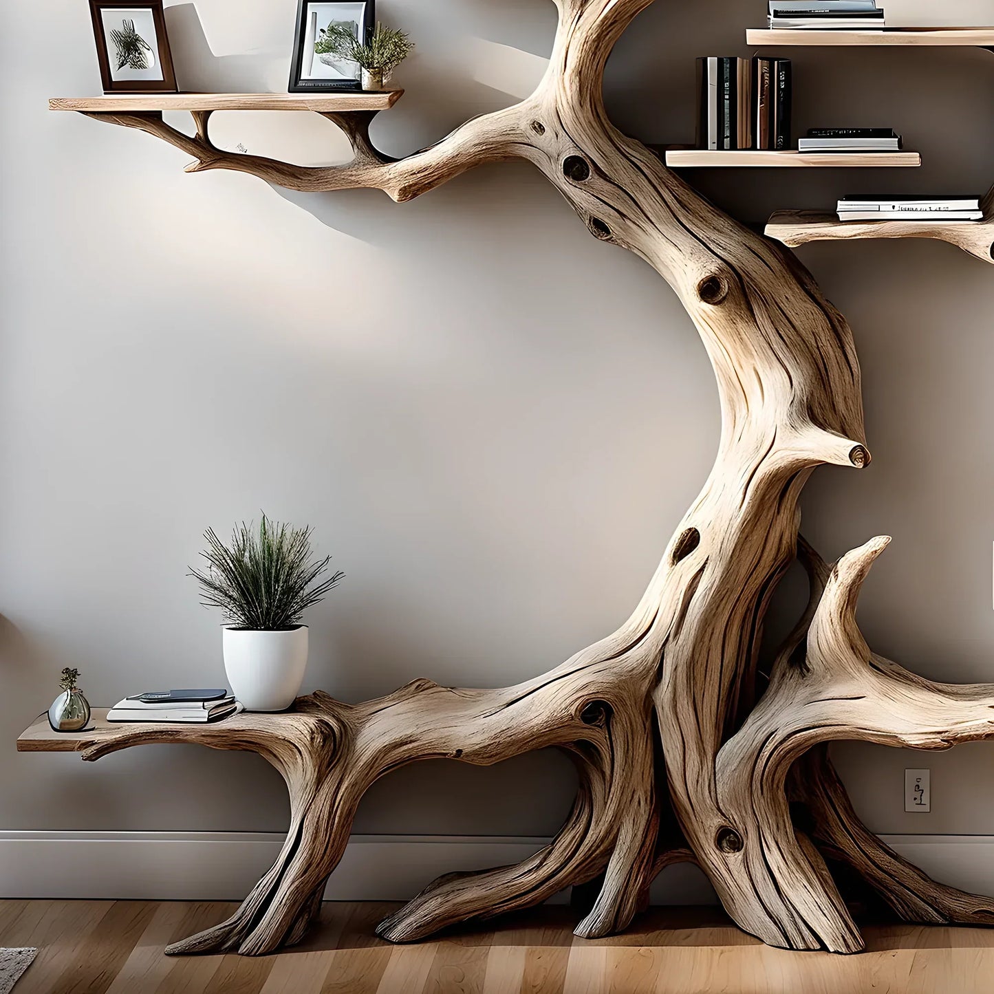 Driftwood bookshelf decorates home wall 