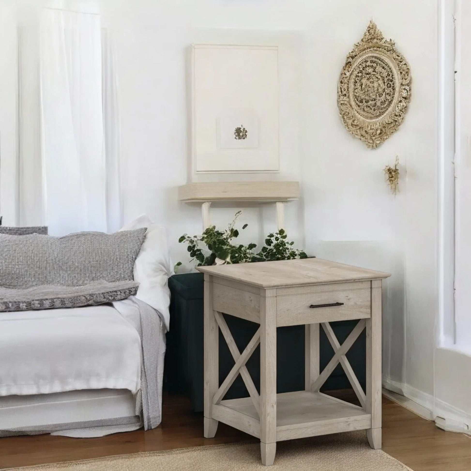 Farmhouse Style Light Wood Nightstand with Drawer and Shelf 