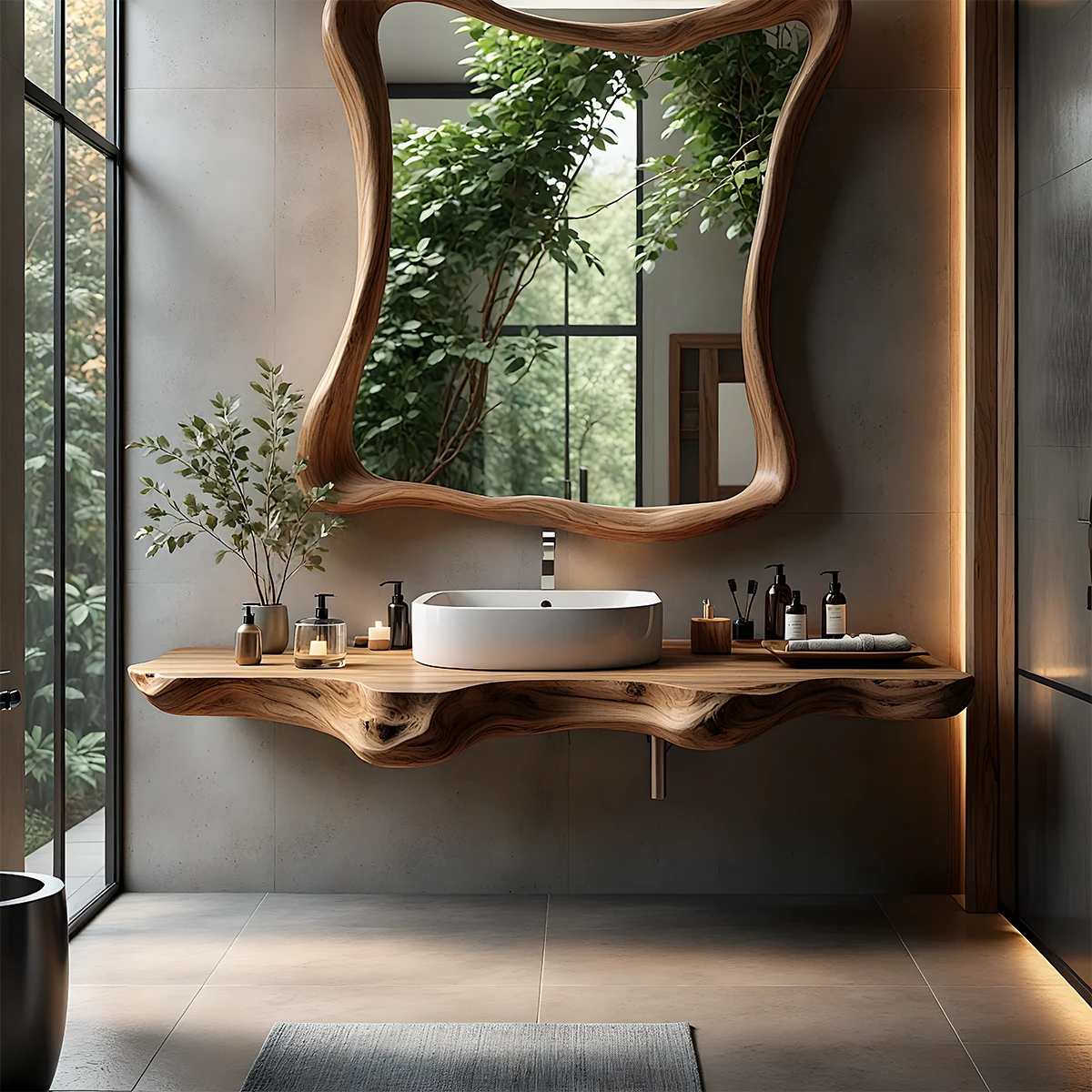 Organic Live Edge Floating Bathroom Vanity with Sculpted Frame Mirror - Rustira