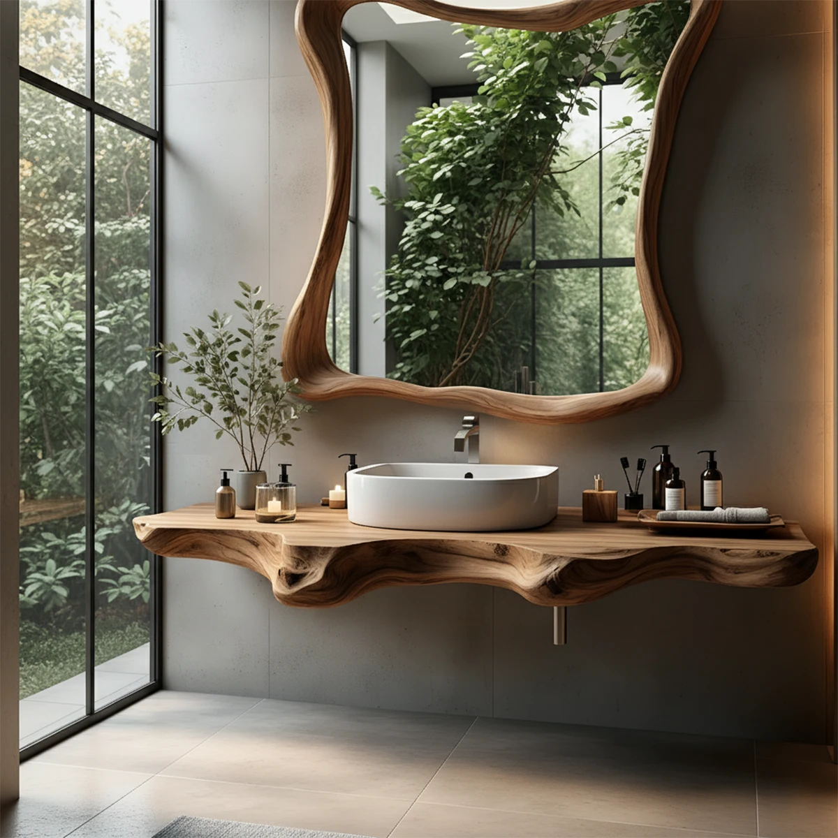 Organic Live Edge Floating Bathroom Vanity with Sculpted Frame Mirror - Rustira