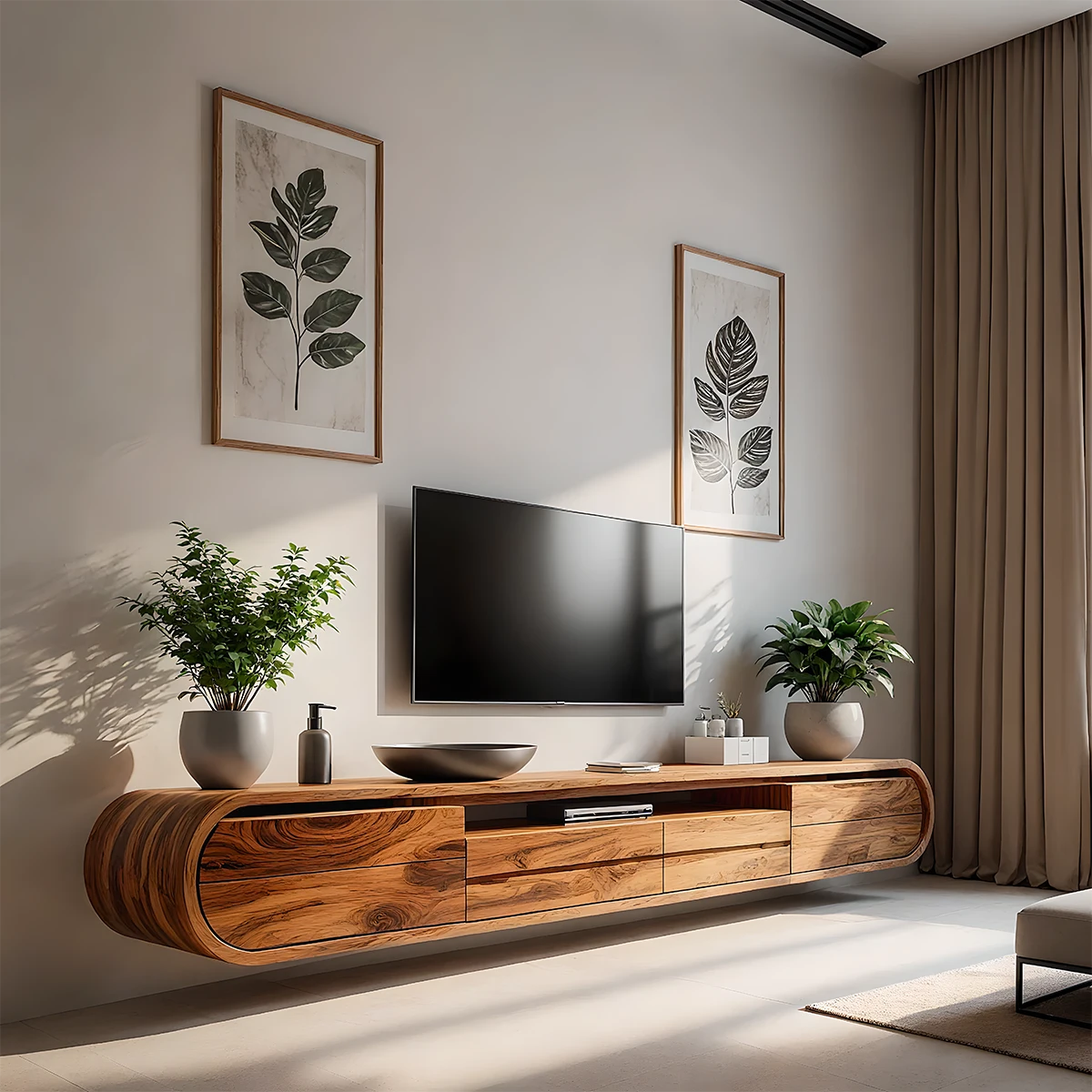 Floating Curved Edge Walnut TV Console — Organic Minimal Design - Rustira