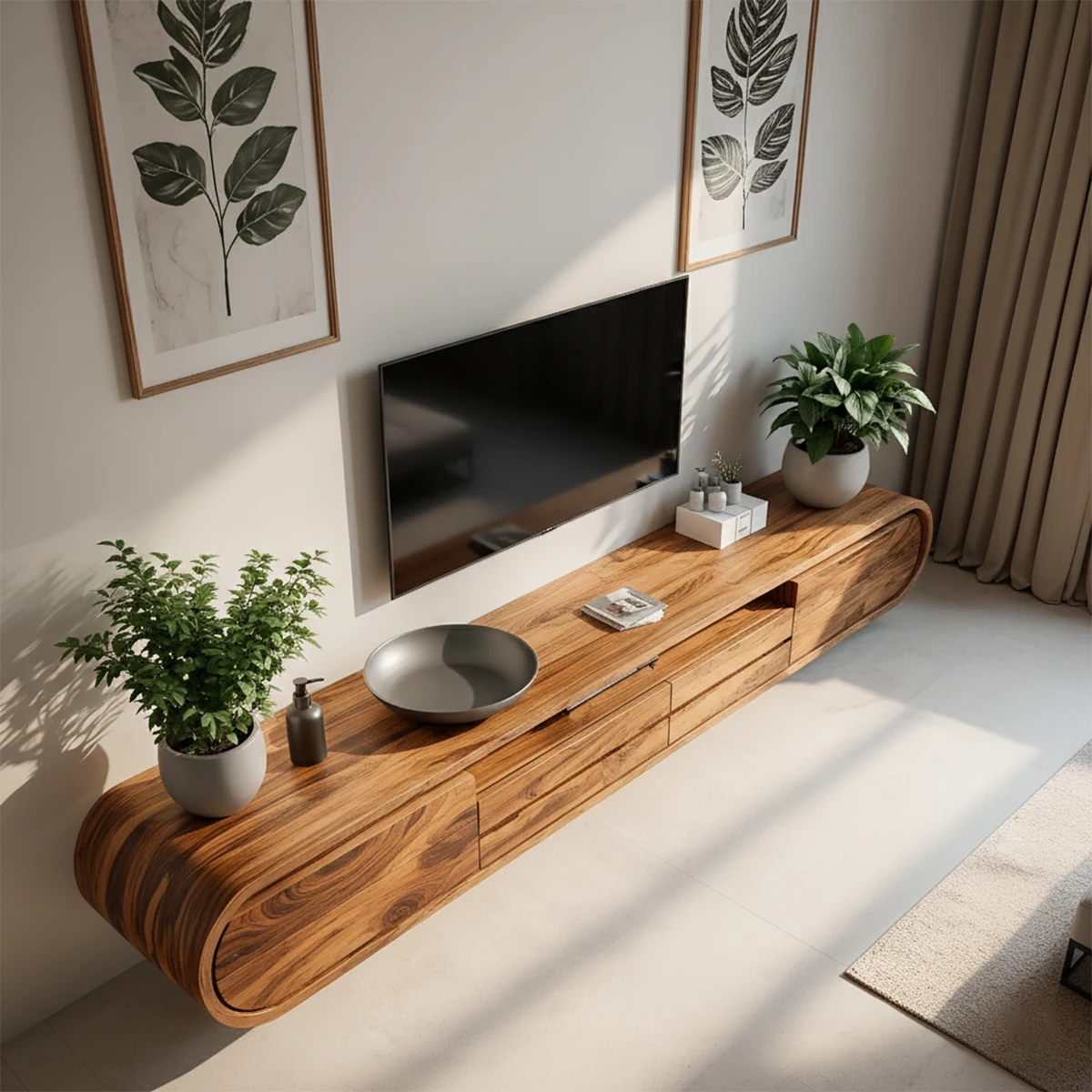 Floating Curved Edge Walnut TV Console — Organic Minimal Design - Rustira