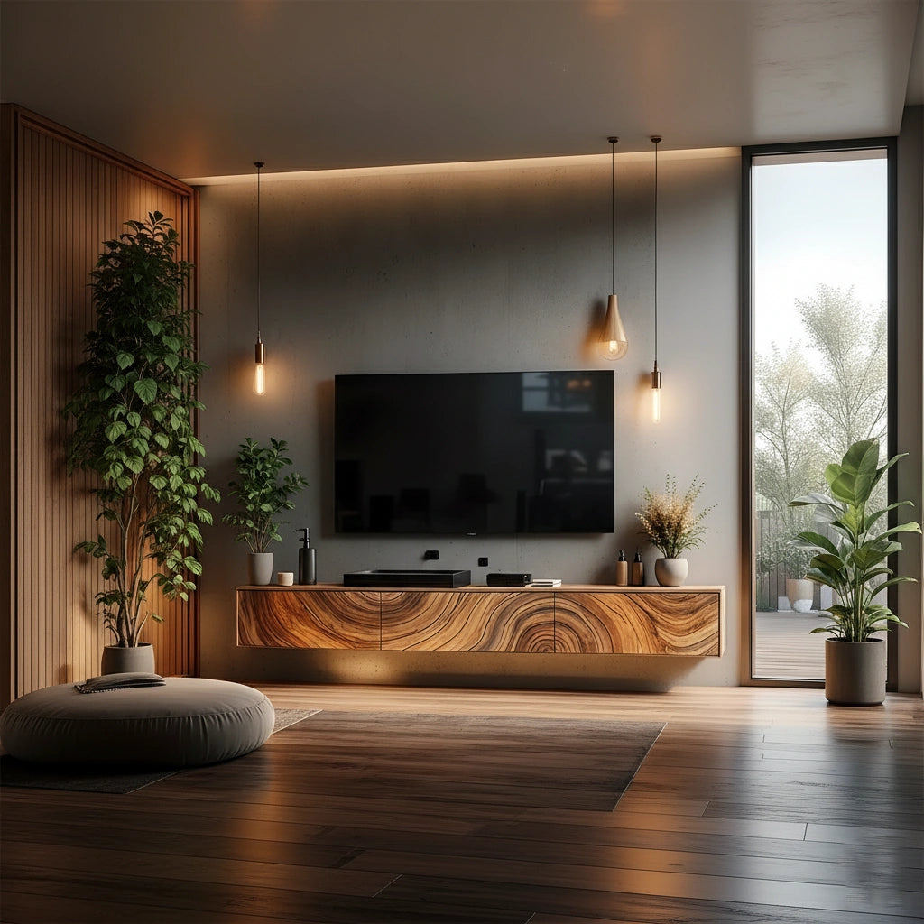 Floating Solid Wood TV Console with Artistic Grain & Soft Edge Design - Rustira