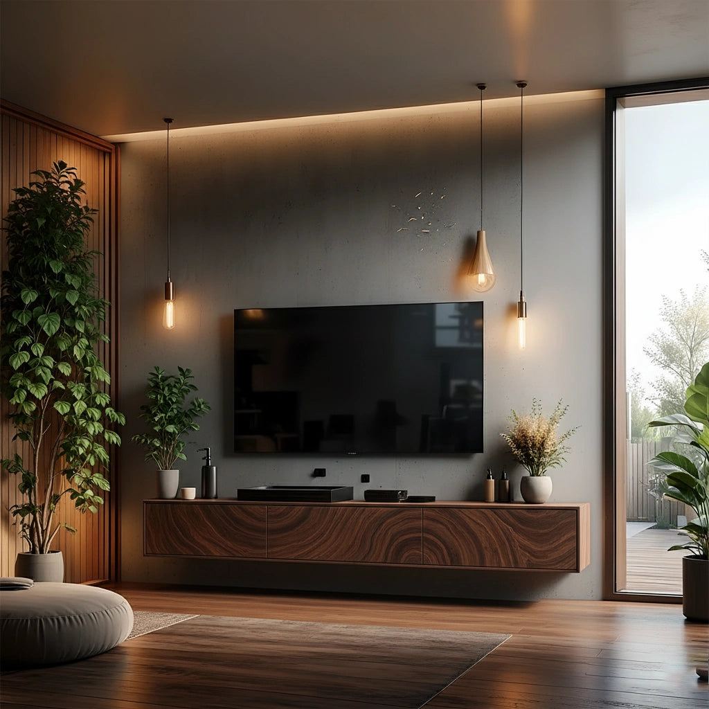 Floating Solid Wood TV Console with Artistic Grain & Soft Edge Design - Rustira