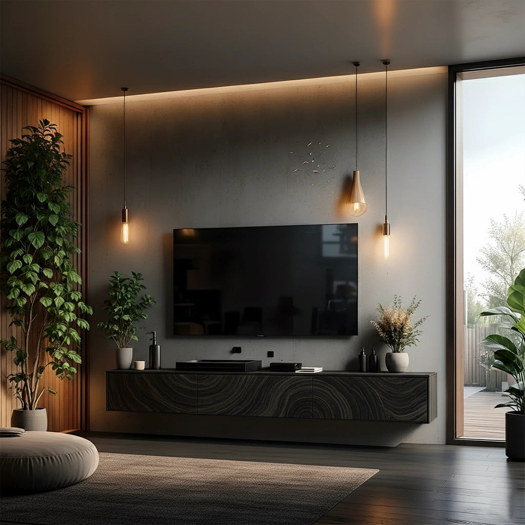 Floating Solid Wood TV Console with Artistic Grain & Soft Edge Design - Rustira