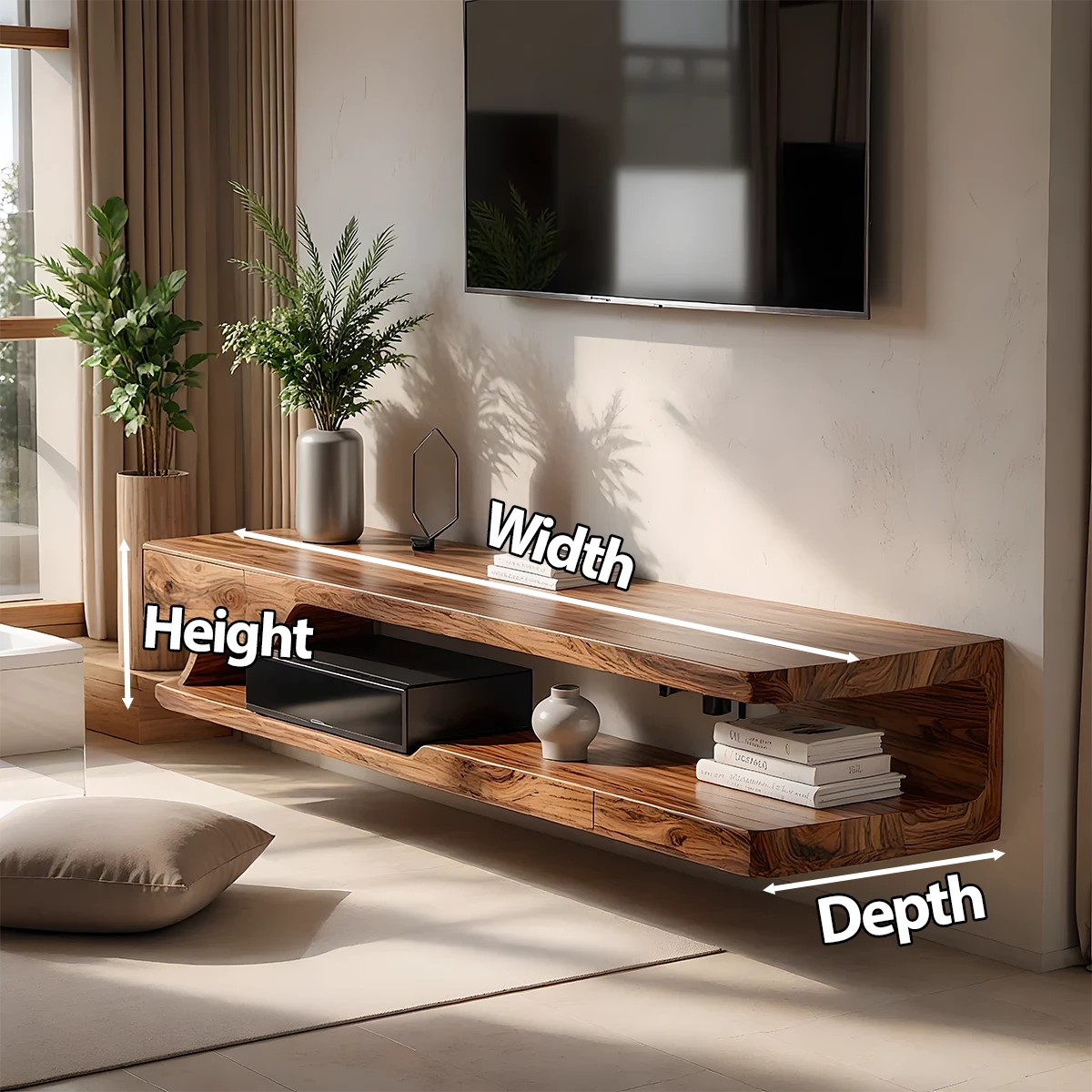 Floating Solid Wood TV Stand – Minimal Organic Modern Wall-Mounted Console - Rustira