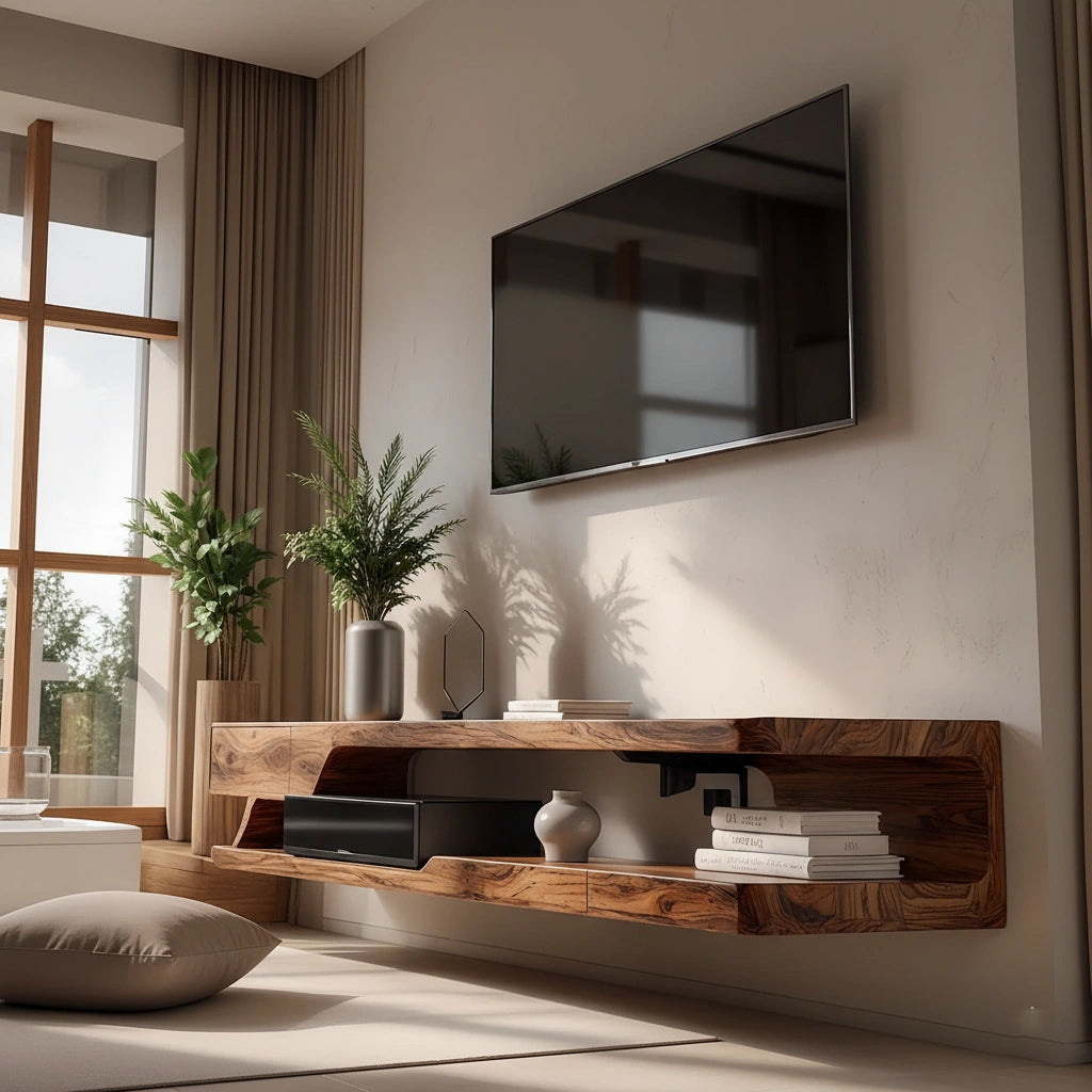Floating Solid Wood TV Stand – Minimal Organic Modern Wall-Mounted Console - Rustira
