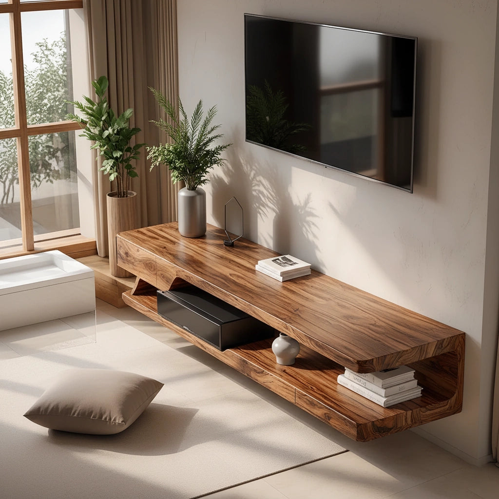 Floating Solid Wood TV Stand – Minimal Organic Modern Wall-Mounted Console - Rustira
