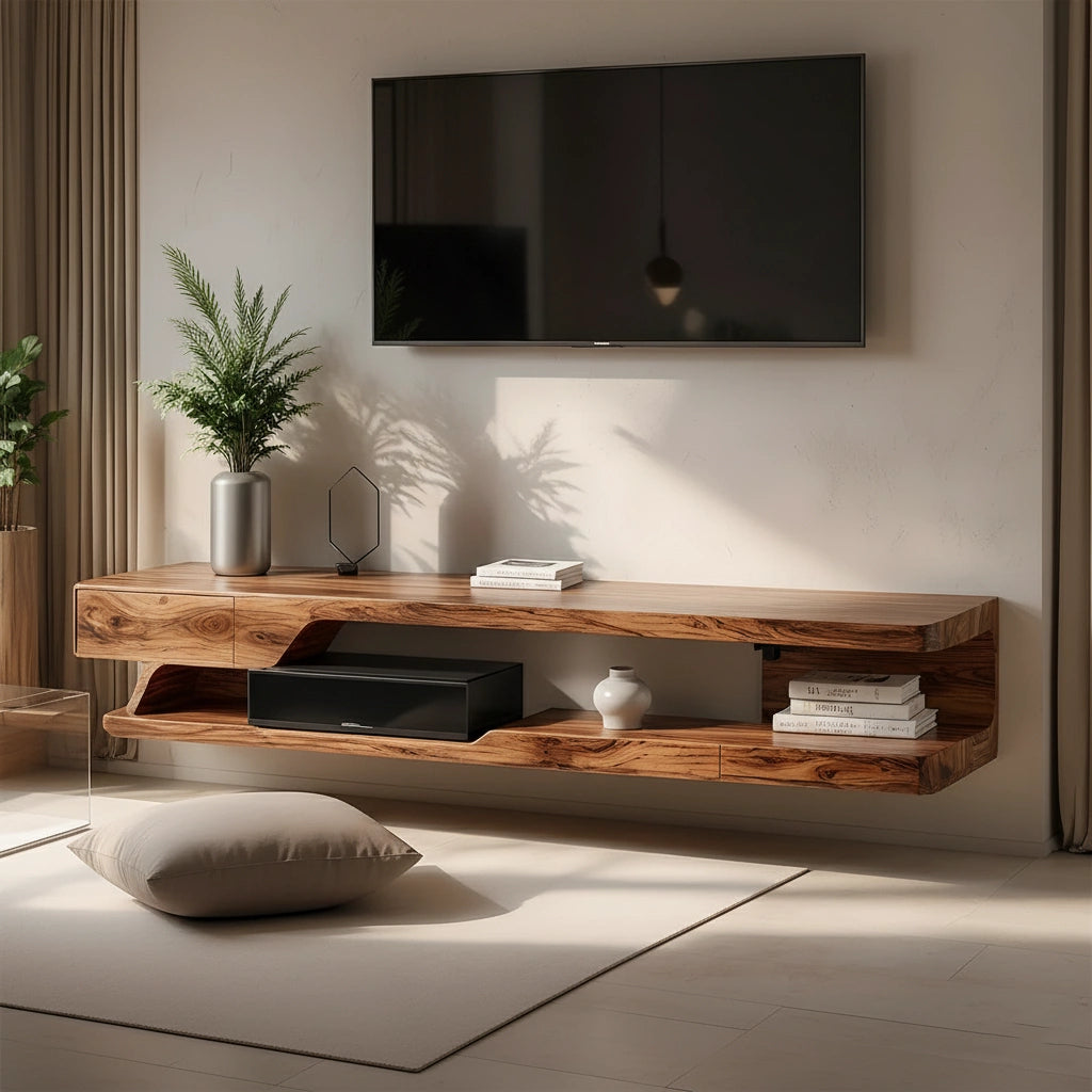 Floating Solid Wood TV Stand – Minimal Organic Modern Wall-Mounted Console - Rustira