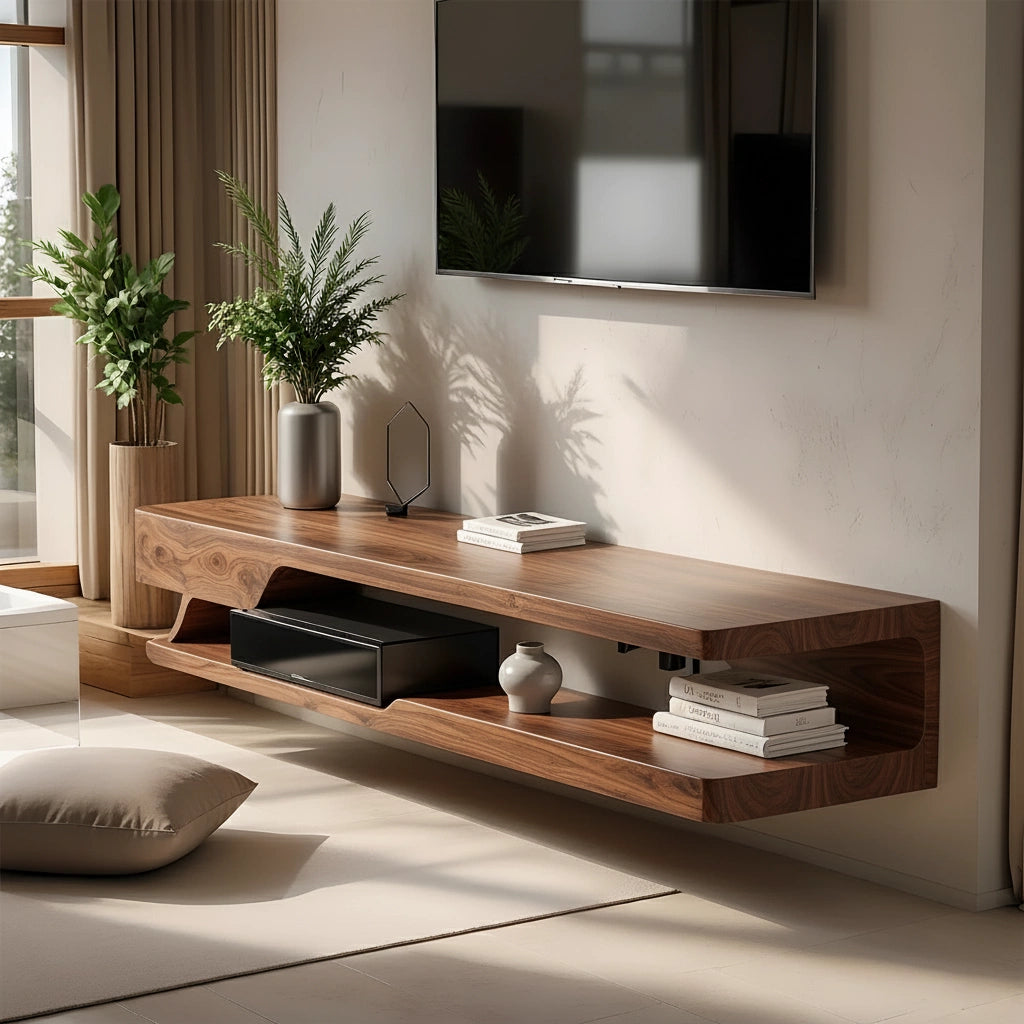 Floating Solid Wood TV Stand – Minimal Organic Modern Wall-Mounted Console - Rustira