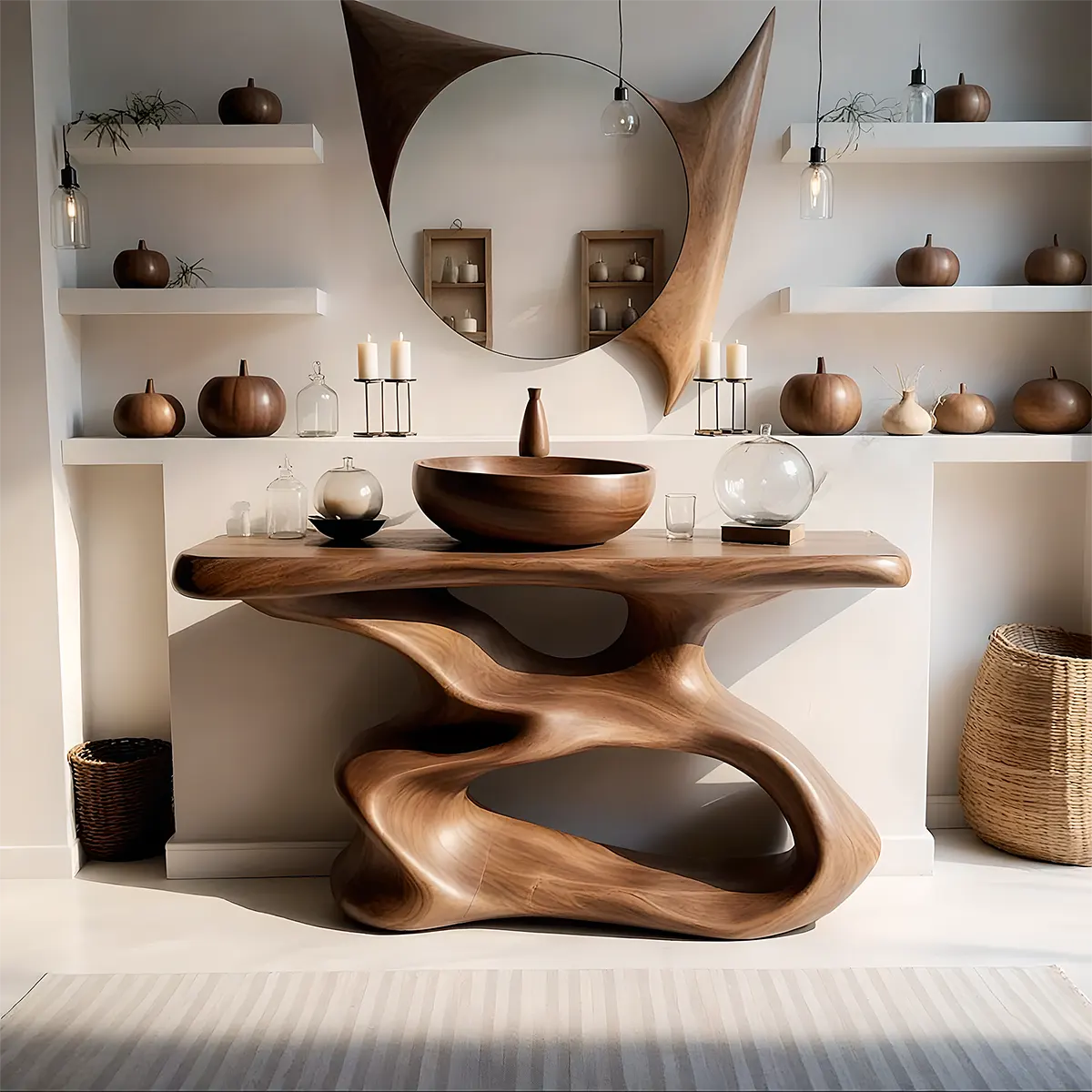 FlowForm Vanity – Sculpted Organic Solid Wood Bathroom - Rustira