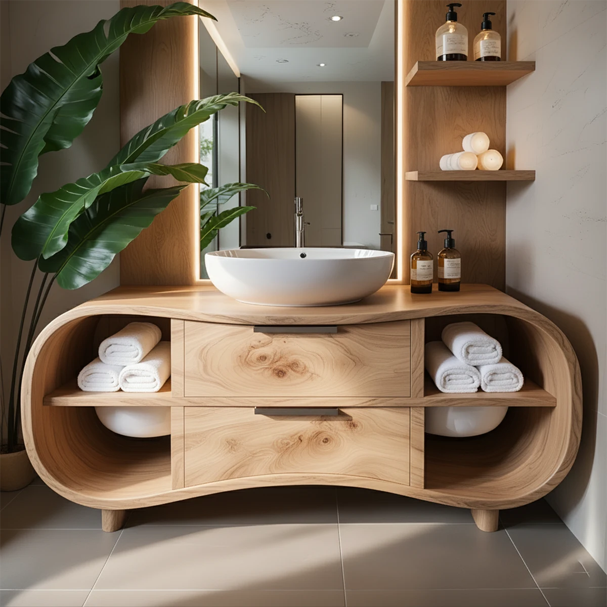 Flowline Bathroom Vanity – Natural Solid Wood Contemporary - Rustira