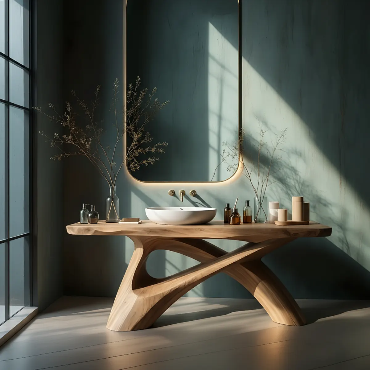 FlowForm Vanity – Modern Sculpted Solid Wood Bathroom Console - Rustira