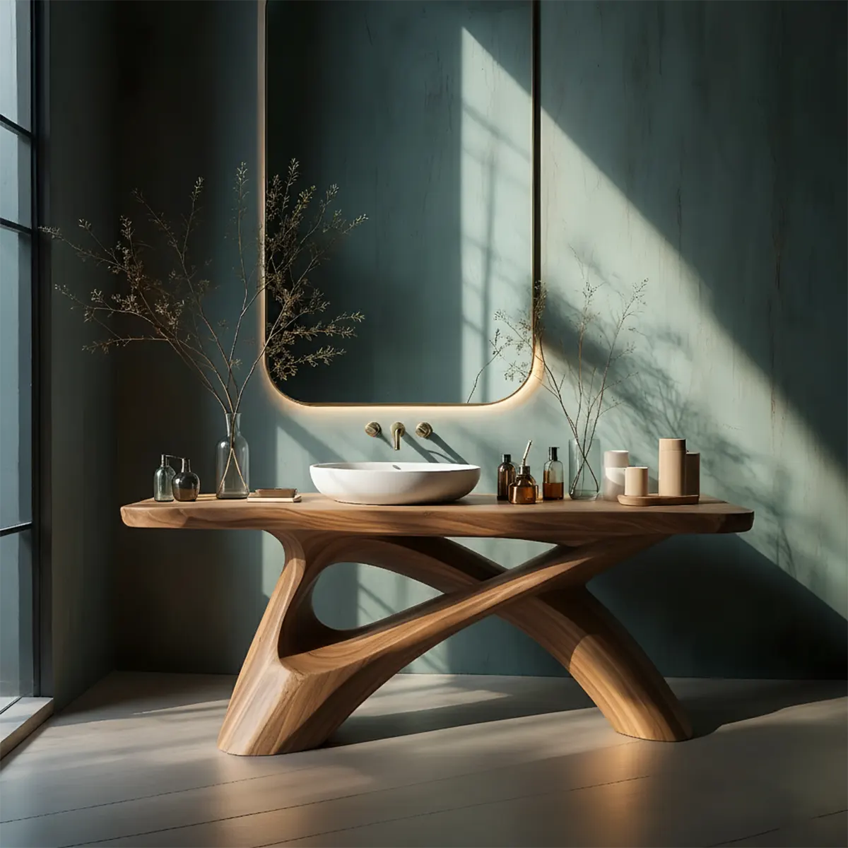 FlowForm Vanity – Modern Sculpted Solid Wood Bathroom Console - Rustira