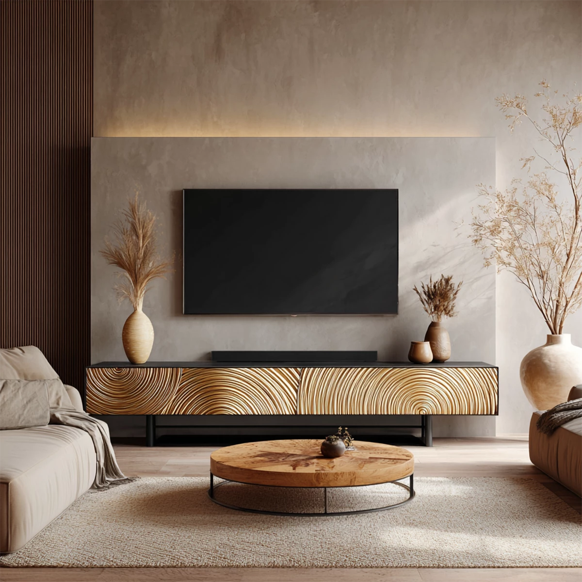 Golden Spiral-Carved Solid Wood TV Stand – Luxury Organic Console - Rustira