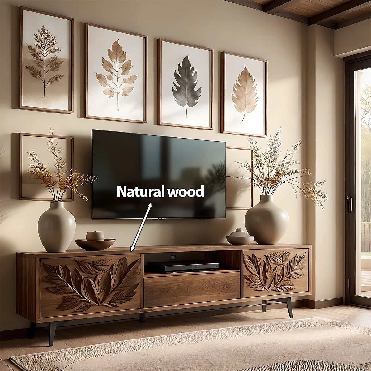 Hand-Carved Leaf Solid Wood TV Stand – Botanical Media Console - Rustira