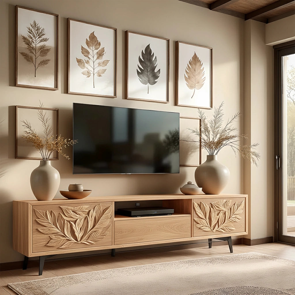 Hand-Carved Leaf Solid Wood TV Stand – Botanical Media Console - Rustira