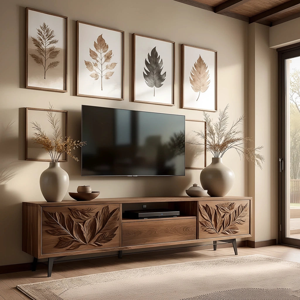 Hand-Carved Leaf Solid Wood TV Stand – Botanical Media Console - Rustira