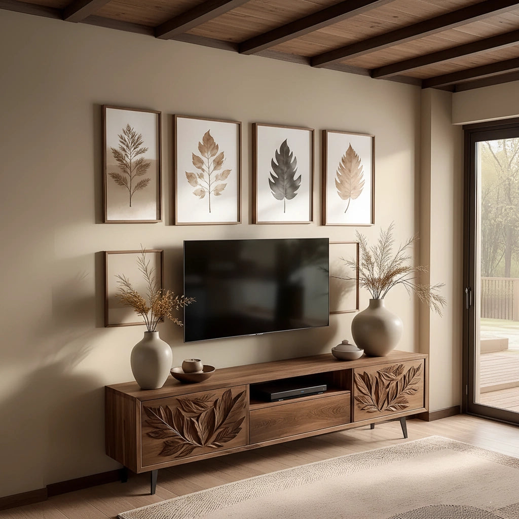 Hand-Carved Leaf Solid Wood TV Stand – Botanical Media Console - Rustira