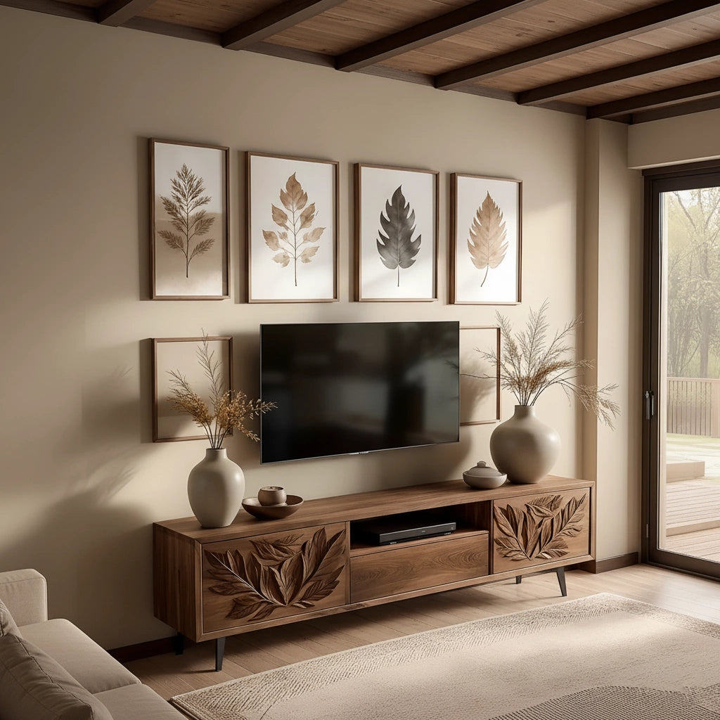 Hand-Carved Leaf Solid Wood TV Stand – Botanical Media Console - Rustira