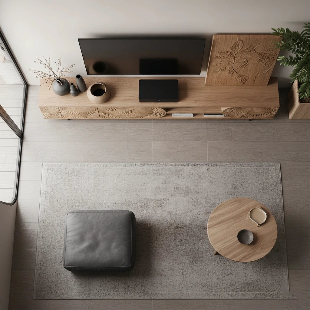 Hand-Carved Solid Wood TV Console with Organic Floral Pattern - Rustira