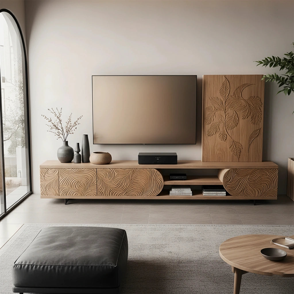 Hand-Carved Solid Wood TV Console with Organic Floral Pattern - Rustira