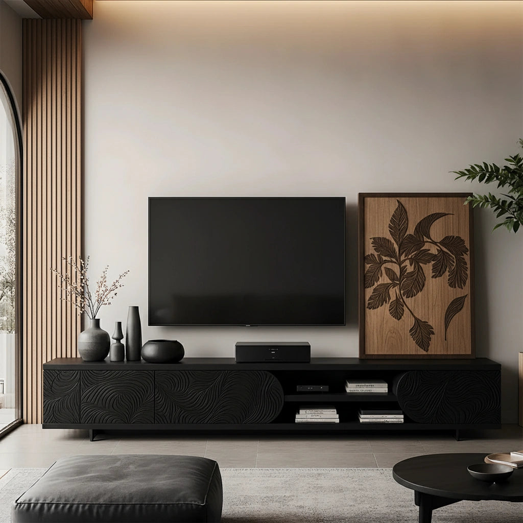 Hand-Carved Solid Wood TV Console with Organic Floral Pattern - Rustira