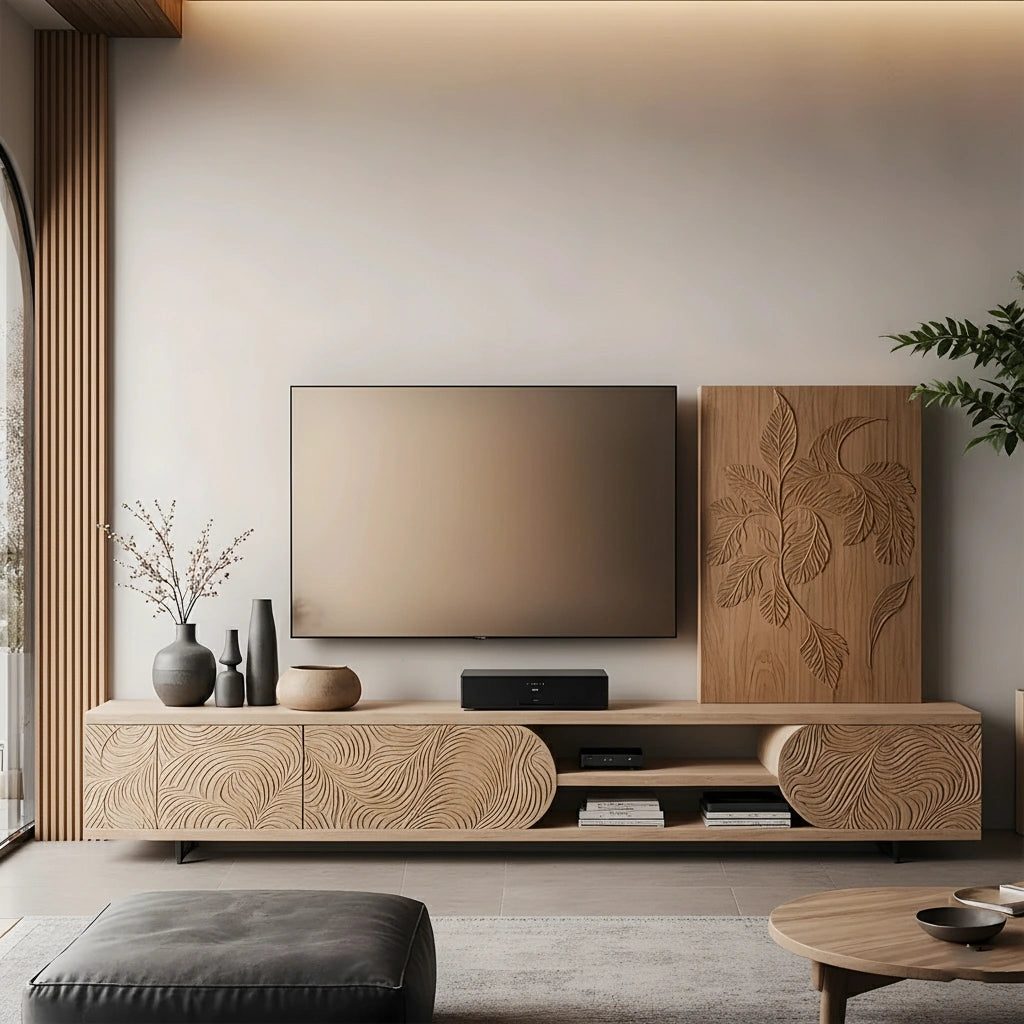 Hand-Carved Solid Wood TV Console with Organic Floral Pattern - Rustira