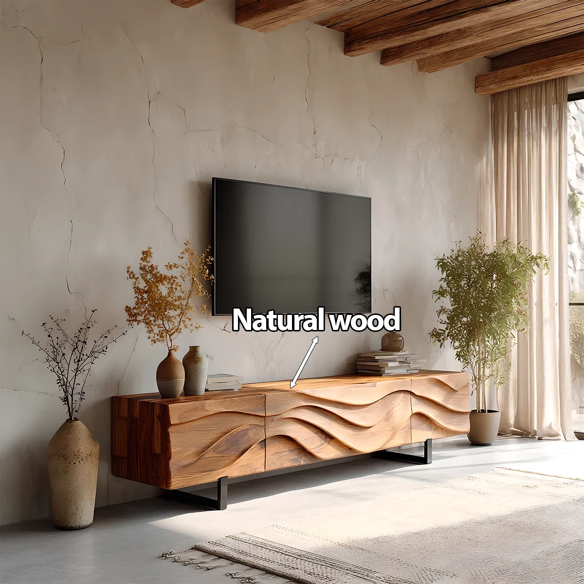 Hand-Carved Wave Wood TV Stand — Golden Drift Edition - Rustira