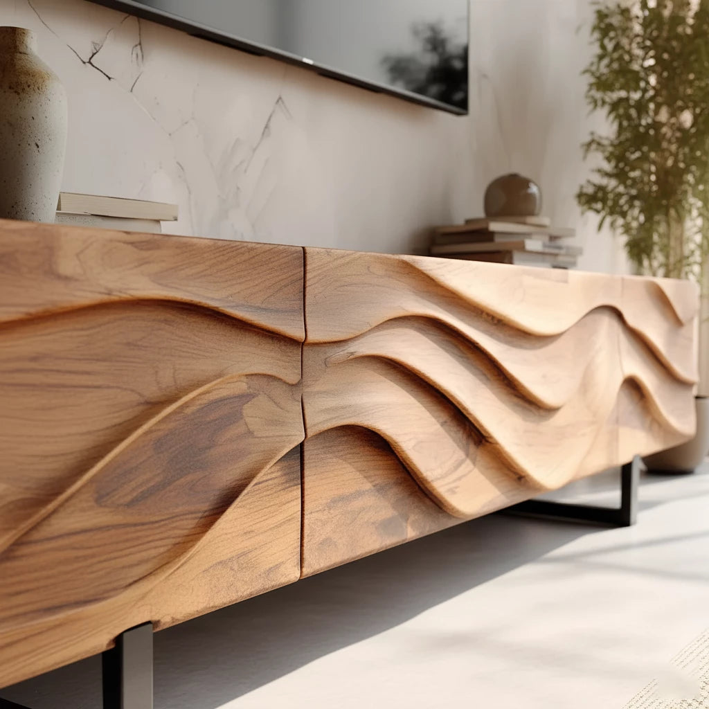 Hand-Carved Wave Wood TV Stand — Golden Drift Edition - Rustira