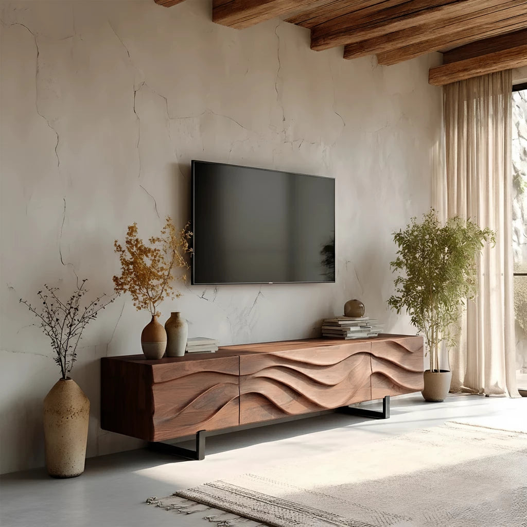 Hand-Carved Wave Wood TV Stand — Golden Drift Edition - Rustira